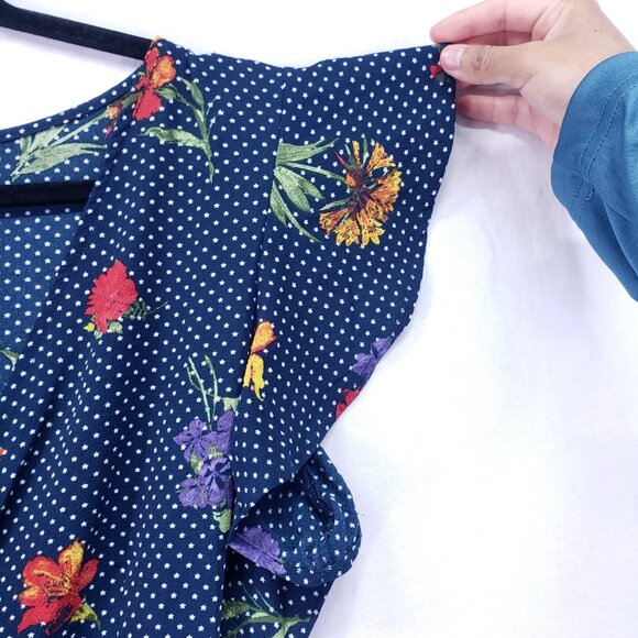 Wrapper Navy Blue Mini Stars Colorful Floral Lightweight Wrap Mid Dress Size L - Picture 9 of 13